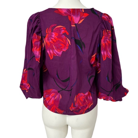 Lot of 2 Womens Tops Small Floral V Neck Poof Sleeve Ruffle Round Purple Red - Picture 6 of 12